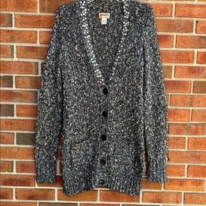 Mudd Black Heathered Embellished V-Neck Long Buttoned Cardigan Sweater Pockets L